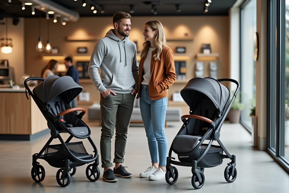 Couple comparant une poussette 4 en 1 et un pack naissance classique dans un magasin de puériculture