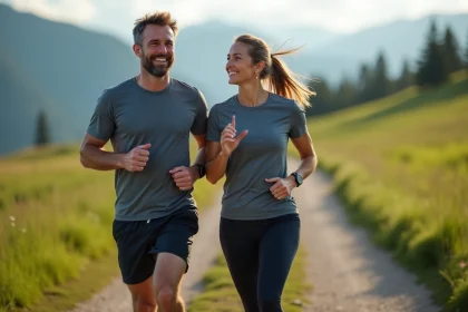 Couple sportif apr&egrave;s une course en pleine nature