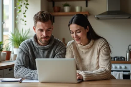 Couple assis &agrave; la cuisine avec ordinateur portable