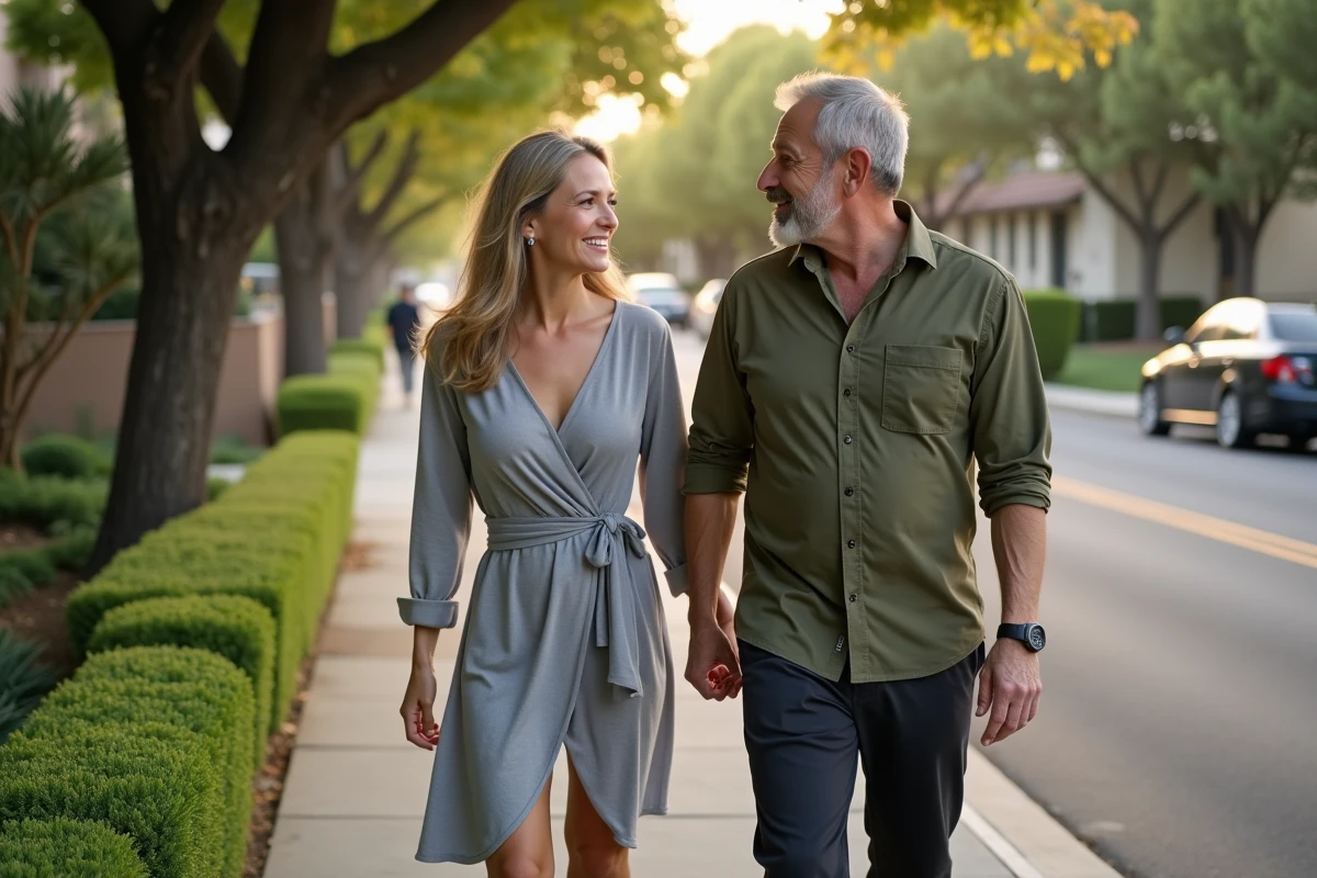 Couple discret se promenant dans un quartier résidentiel calme de Los Angeles, vie familiale loin des projecteurs