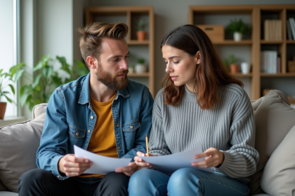 Couple assis sur un canapé en train de remplir des papiers