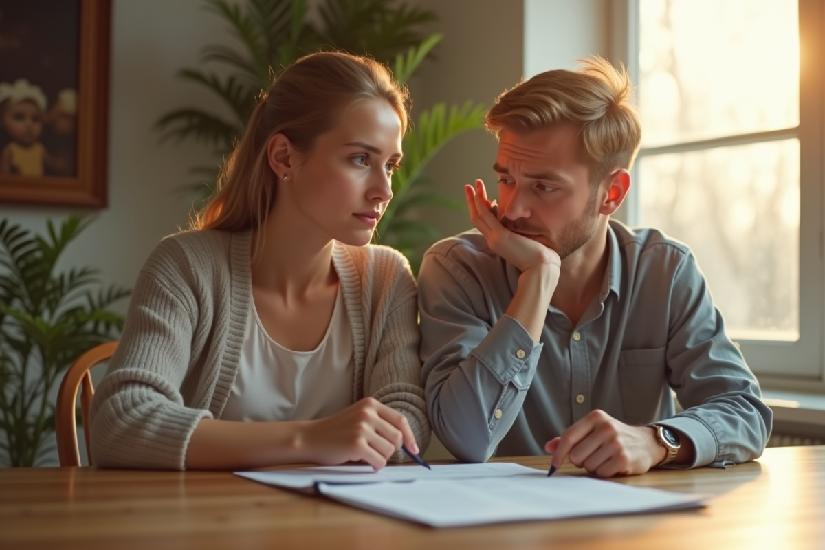 Jeune couple réfléchissant à l'adoption à la table