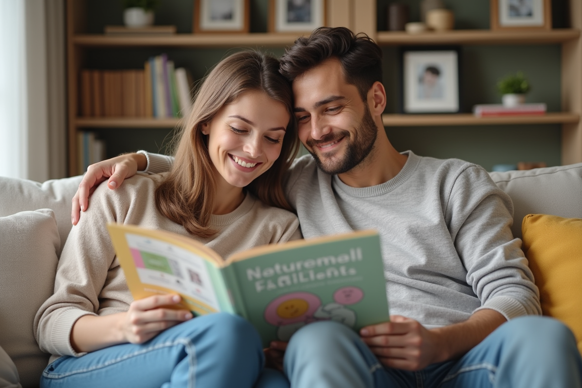 Jeune couple lit un livret de planning familial dans le salon
