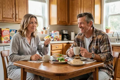 Couple marié complice autour du petit-déjeuner avec humour et complicité dans une cuisine chaleureuse