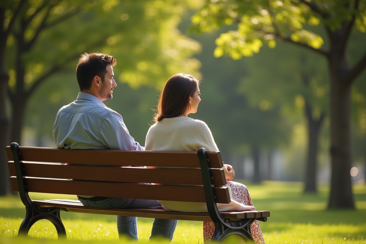 Couple assis sur un banc dans un parc ensoleille