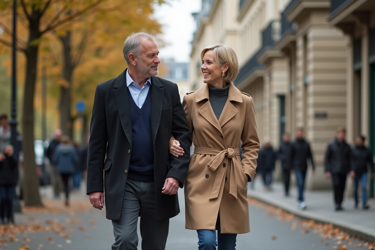 Couple élégant se promenant ensemble dans une rue parisienne bordée d'arbres en automne, évoquant la complicité et la discrétion de la vie de couple d'une personnalité médiatique