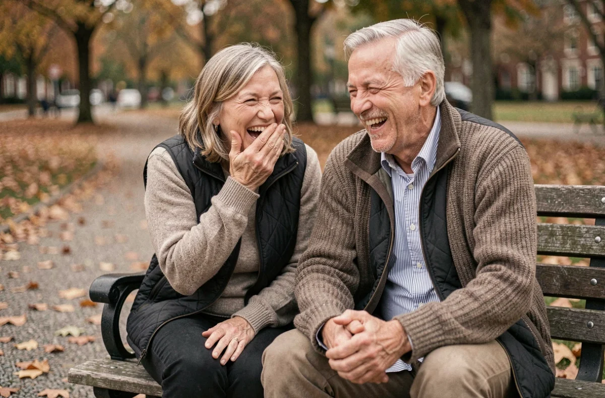Couple senior complice riant ensemble sur un banc dans un parc en automne, ambiance bienveillante