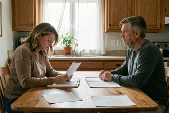 Couple en crise assis à une table de cuisine avec des documents officiels entre eux, illustrant la séparation conjugale en France