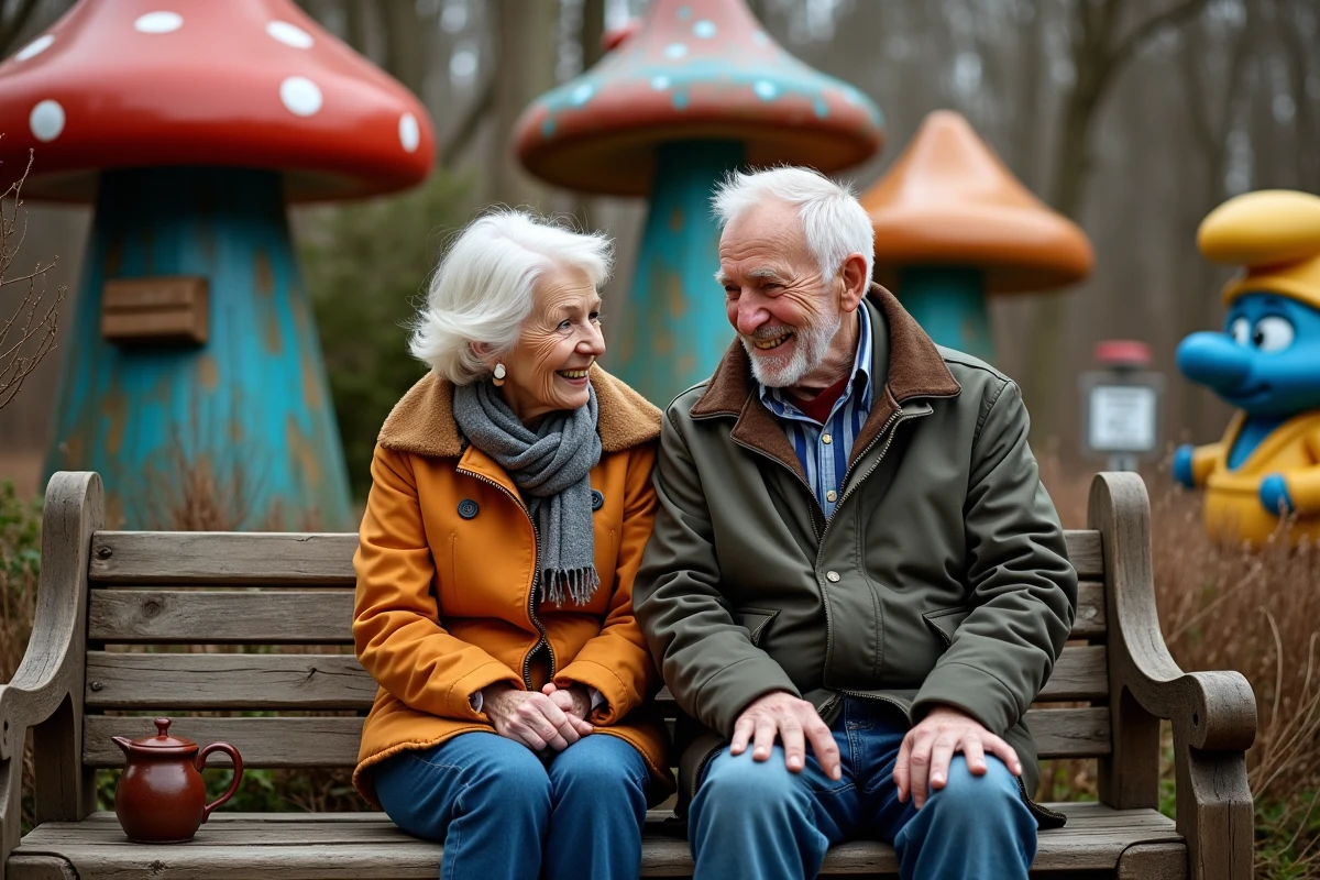 Couple âgé assis sur banc dans décor de village des Schtroumpfs