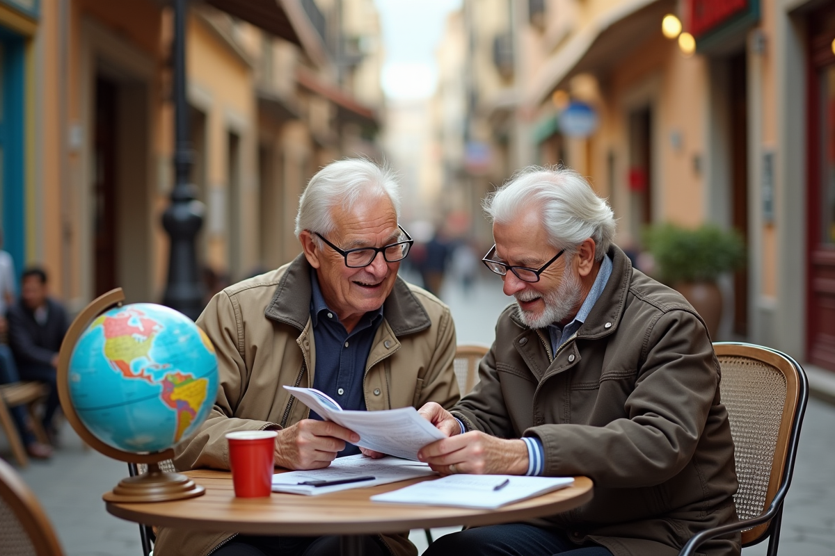 Vieux couple planifiant leur voyage avec un globe dans une ville animée