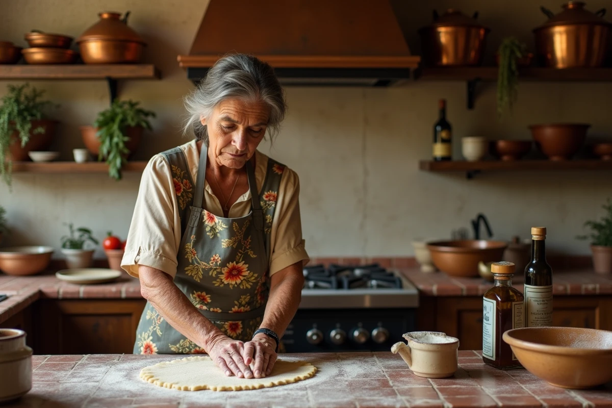 Femme italienne en tablier traditionnel préparant des pâtes fraîches dans une cuisine rustique italienne authentique