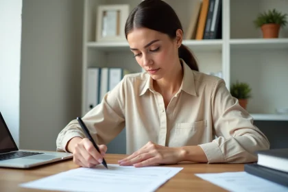 Femme remplissant une demande d'acte de naissance à son bureau à domicile