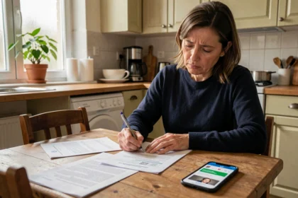 Femme remplissant un formulaire de demande de parloir pénitentiaire à la maison