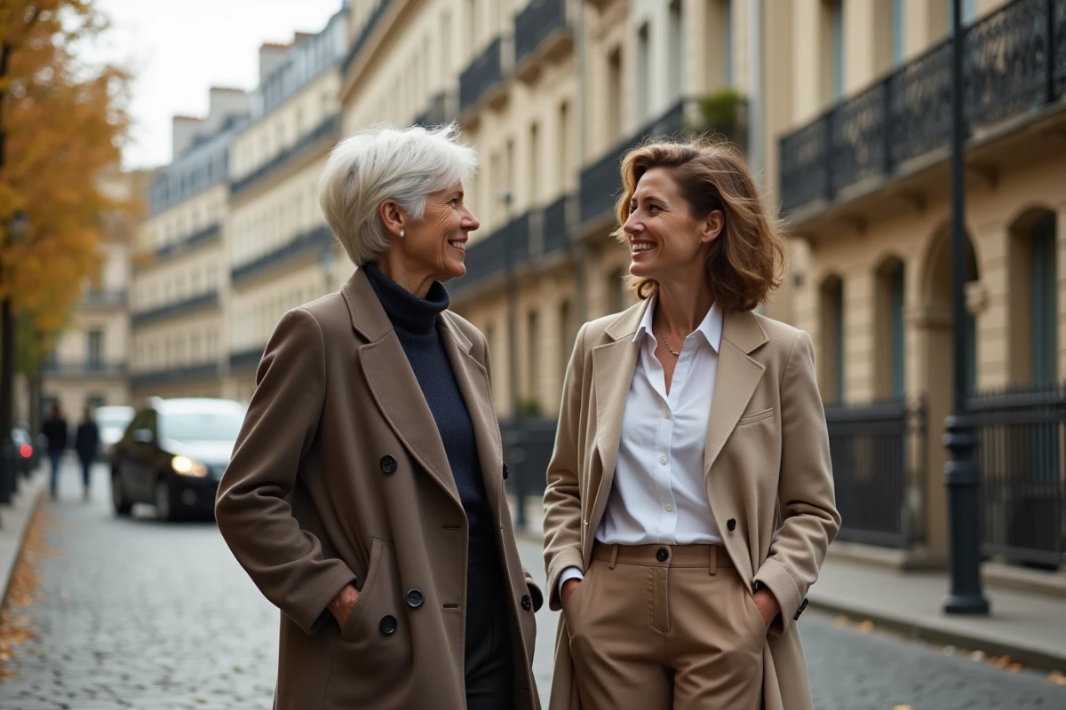Deux femmes de générations différentes en conversation devant un immeuble haussmannien parisien, symbolisant la transmission familiale et les choix de carrière