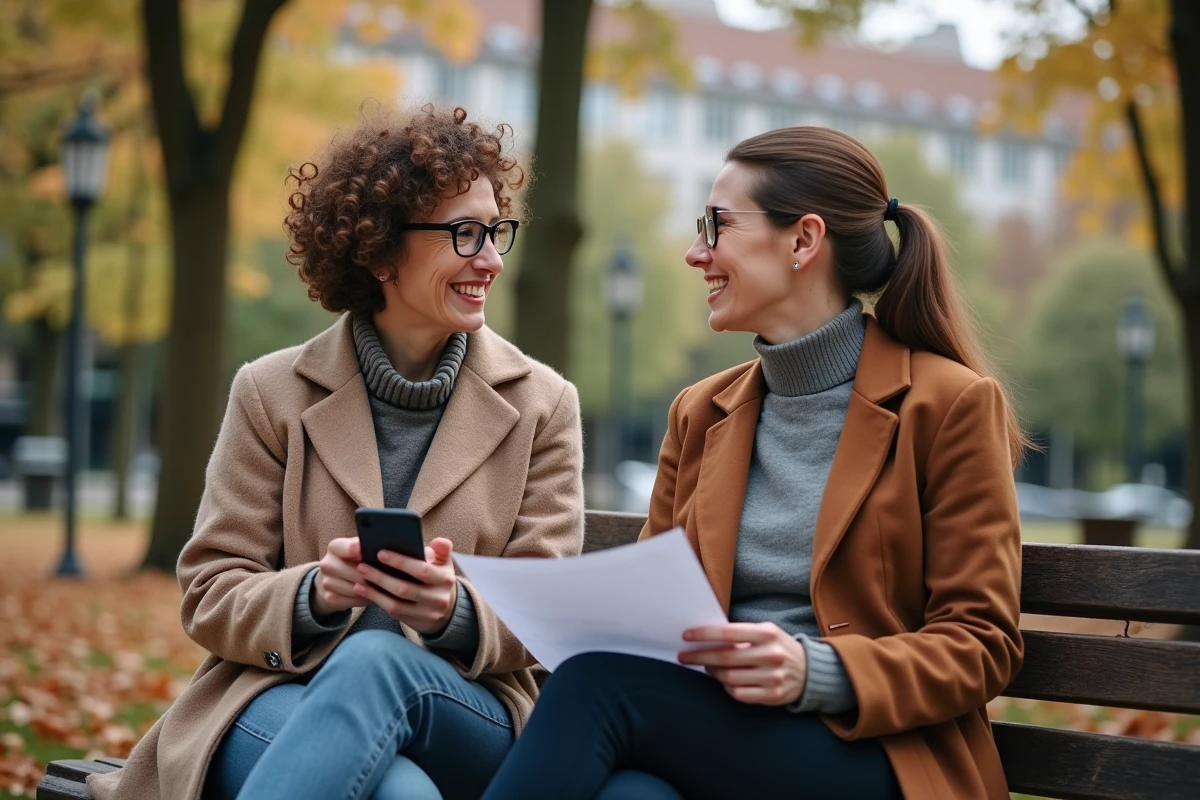 Deux femmes discutant dans un parc en automne