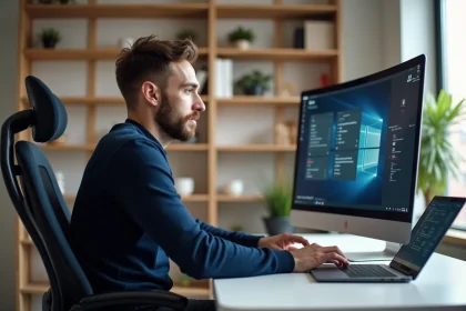 Développeur web consultant le site officiel Albrad sur un grand écran courbe dans un bureau moderne en 2026