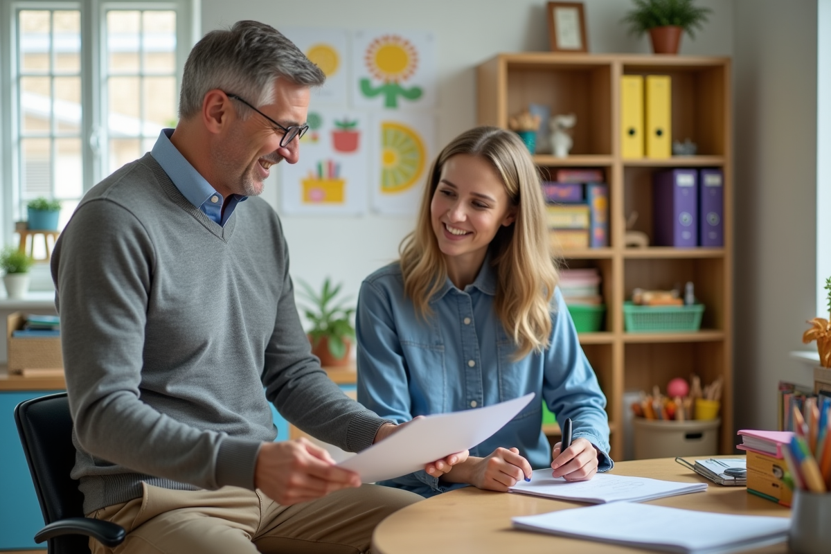Directeur de creche discutant avec une jeune enseignante