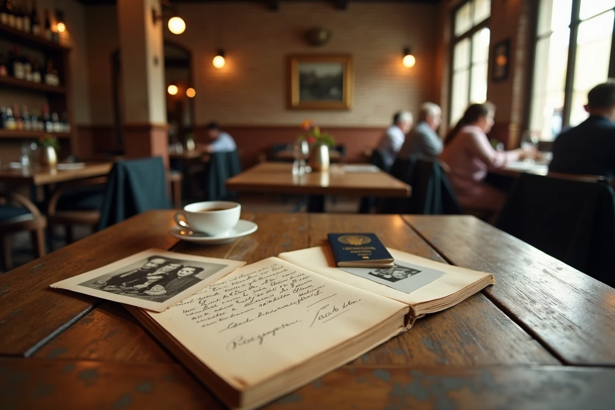 Documents anciens et photographies de famille évoquant les racines italiennes disposés sur une table en bois dans une trattoria