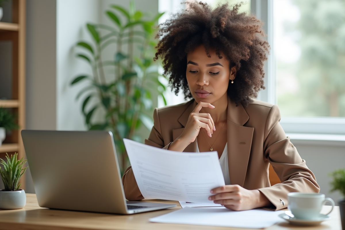 Doula professionnelle examinant documents légaux dans un bureau lumineux