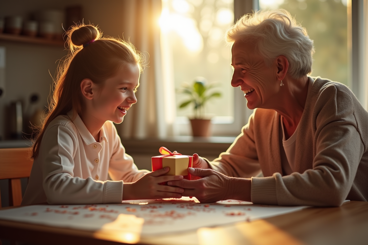 Jeune personne et parrain échangeant un cadeau élégant à table