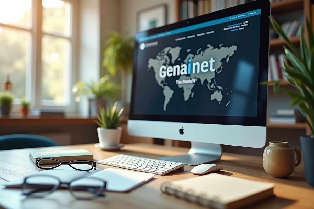 Ecran affichant le site Geneanet dans un espace de travail moderne