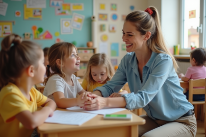 Jeune educatrice en classe avec enfants en maternelle