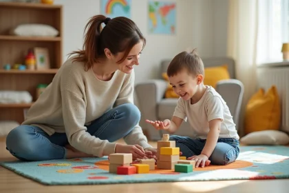 Assistante &eacute;ducatrice avec enfant Down dans une salle lumineuse