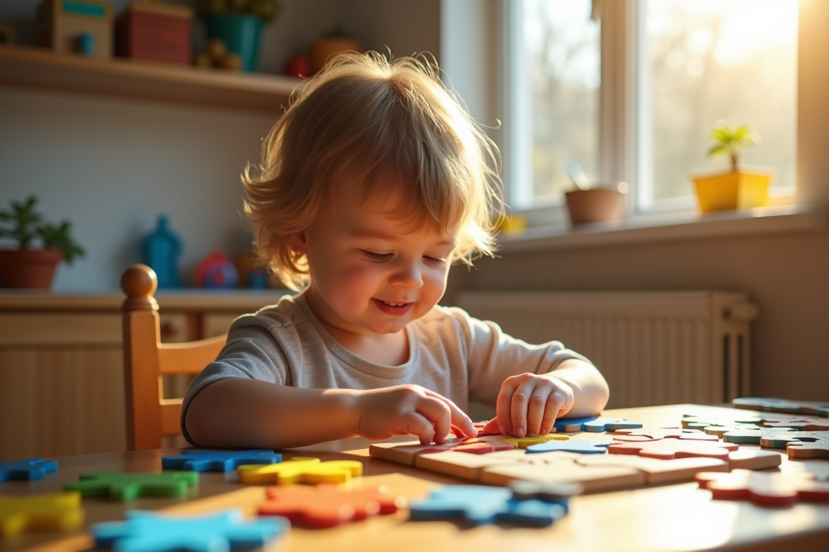 Enfant curieux assemble un puzzle coloré à la maison
