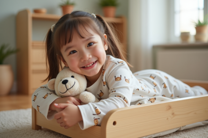 Jeune fille souriante en pyjama dans un lit Montessori