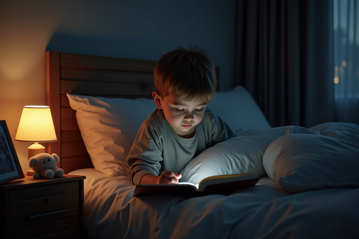 Enfant lisant un livre dans sa chambre la nuit