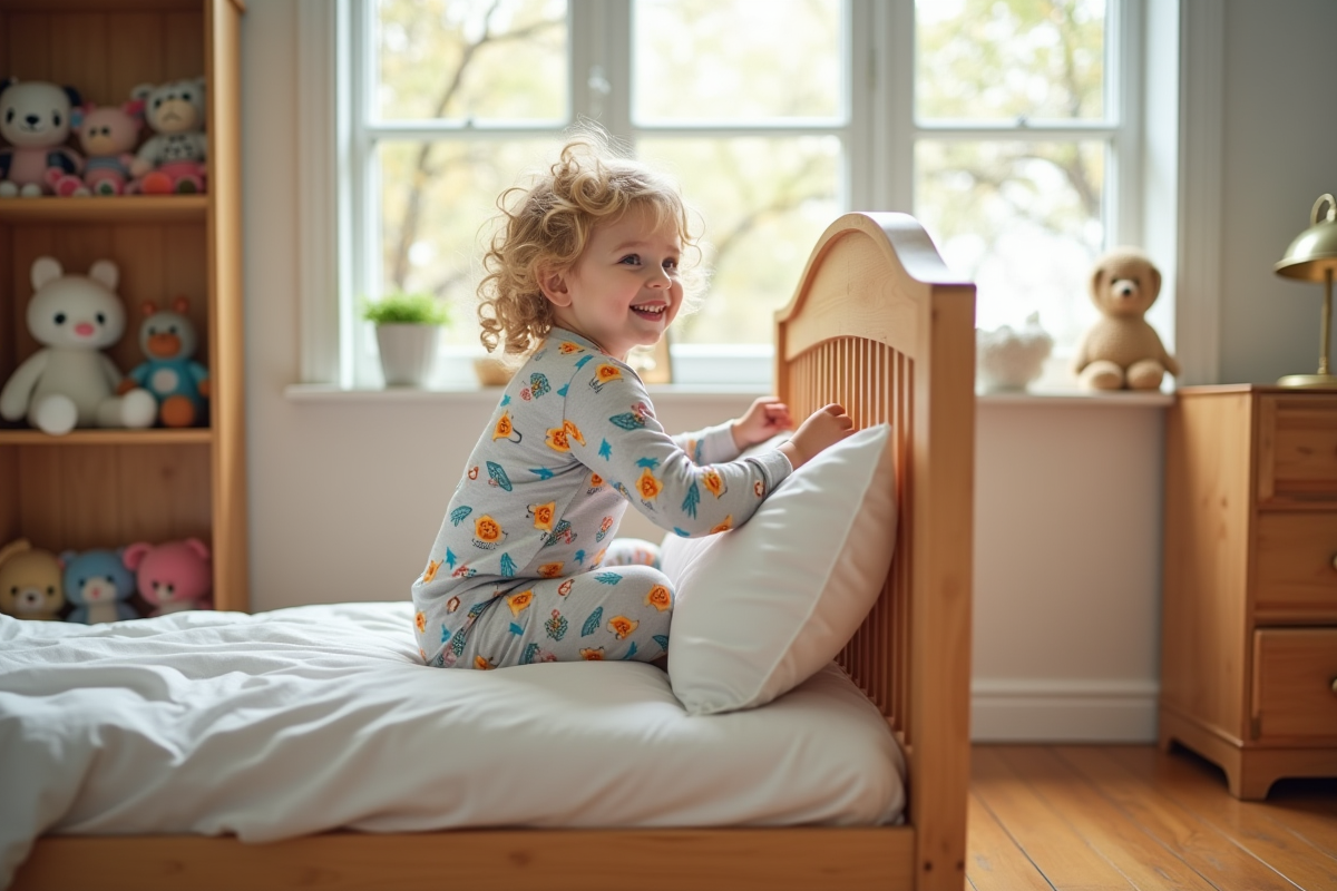 Enfant de 3 ans grimpe dans un lit junior en bois