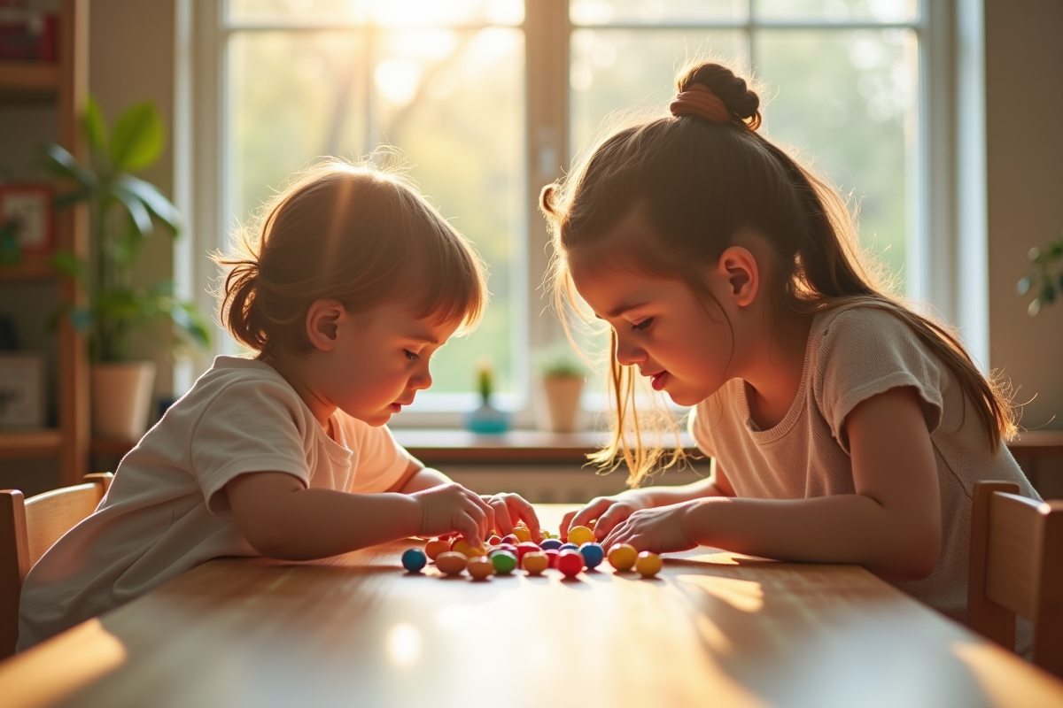 Enfant et parent utilisant des matériaux Montessori lumineux