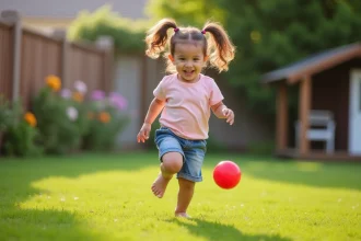 Fille joyeuse courant dans le jardin avec un ballon rouge