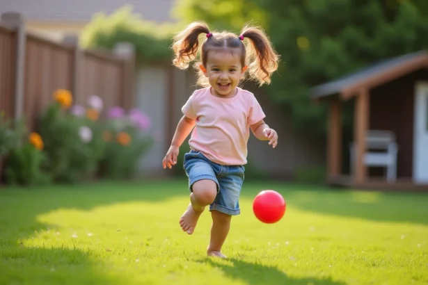 Fille joyeuse courant dans le jardin avec un ballon rouge