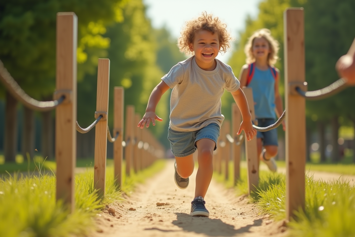 Enfant souriant courant dans un parcours d'obstacles extérieur