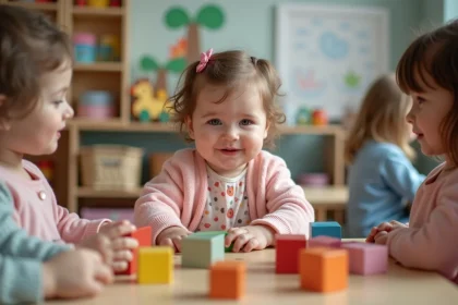 Petite fille en cardigan rose joue avec des blocs en cr&egrave;che