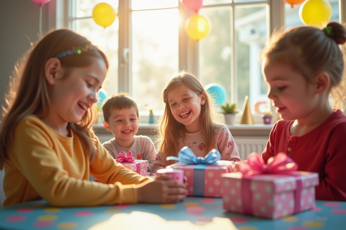 Enfants déballant des cadeaux d anniversaire autour d une table colorée