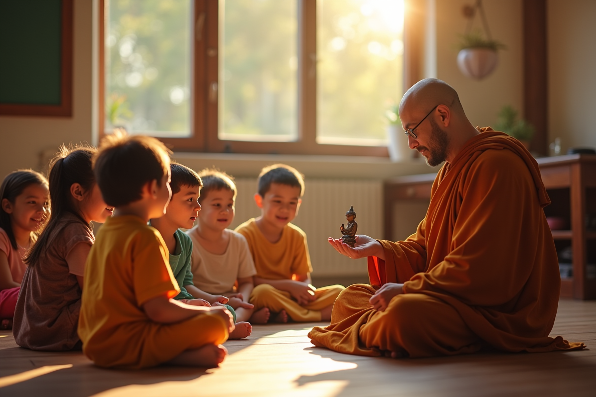 Enfants assis en classe attentive avec un moine bouddhiste