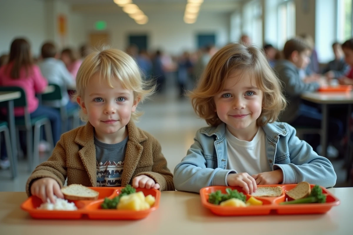 Enfants mangeant à la cantine scolaire d'une école publique française lors de la pause déjeuner