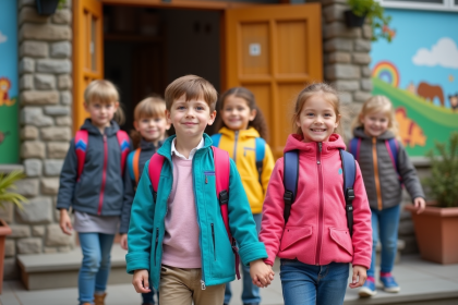 Groupe d enfants de 4 ans devant une école maternelle colorée