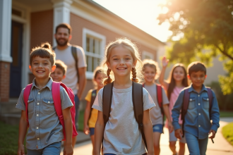 Groupe d'enfants souriants devant une école primaire américaine