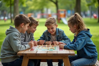 Groupe d'enfants de 11 ans jouant en plein air dans un parc