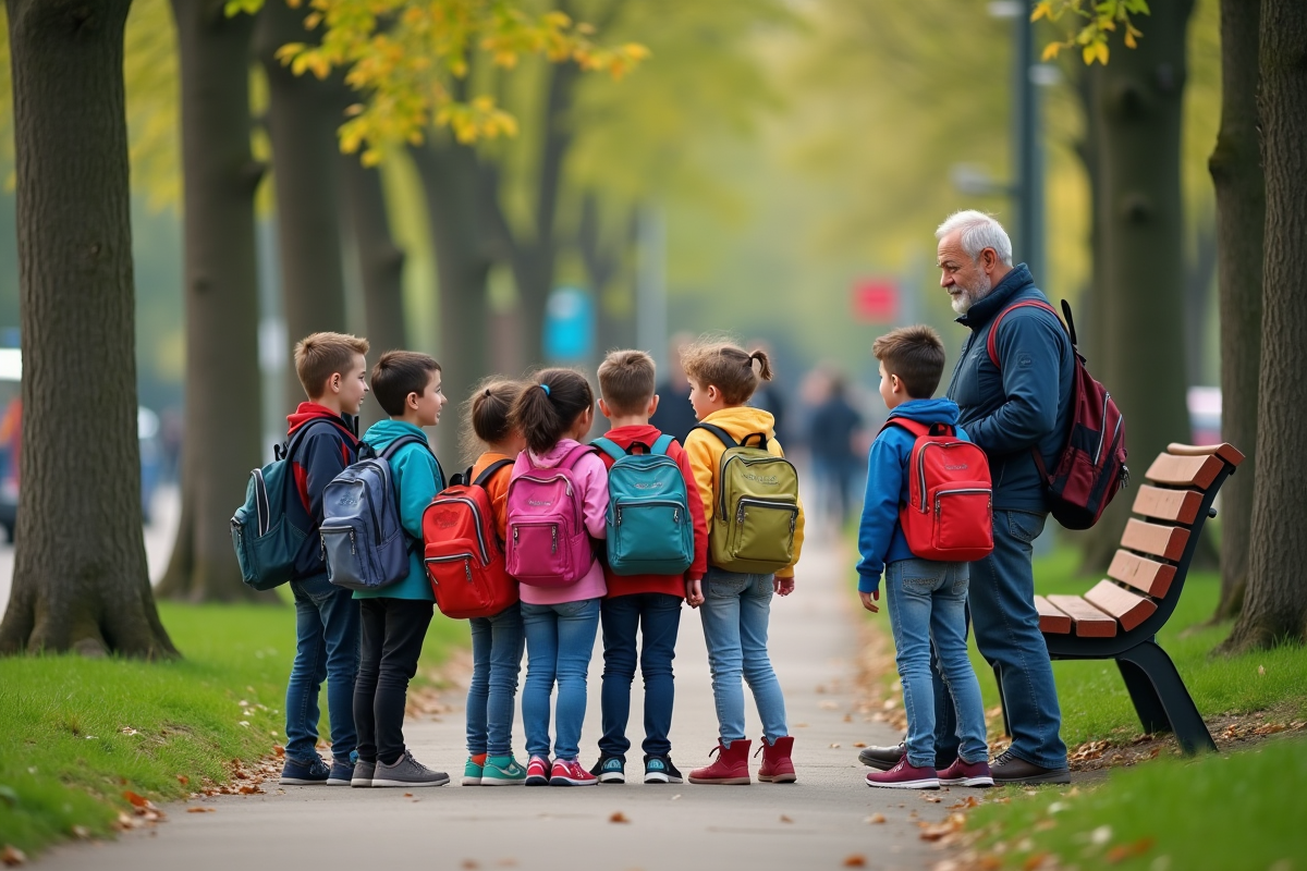 Enfants discutant dans un parc urbain avec adultes