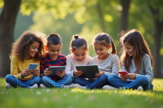 Groupe d'enfants dans un parc avec tablettes et smartphones