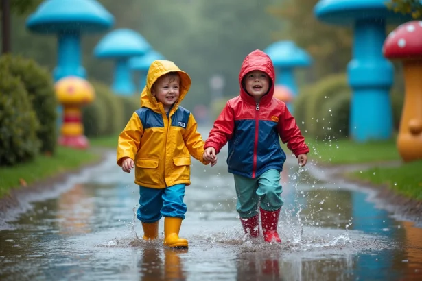 Enfants riant dans une flaque au parc des Schtroumpfs