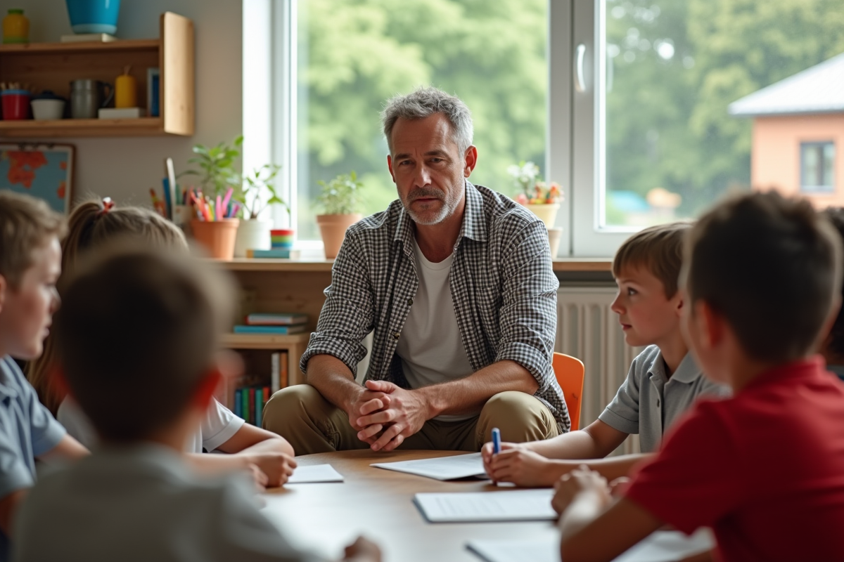 Enseignant écoute un groupe d enfants en classe colorée