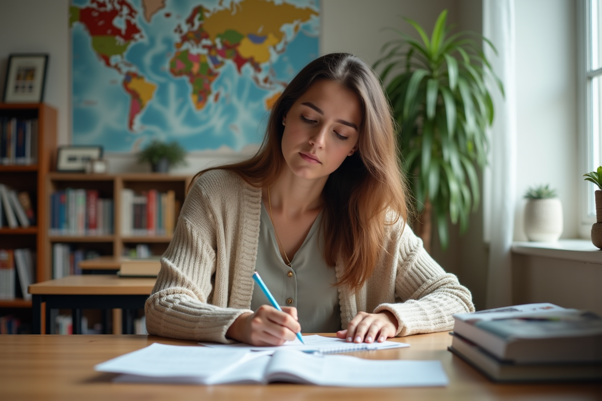 Jeune enseignante examine des papiers dans sa classe