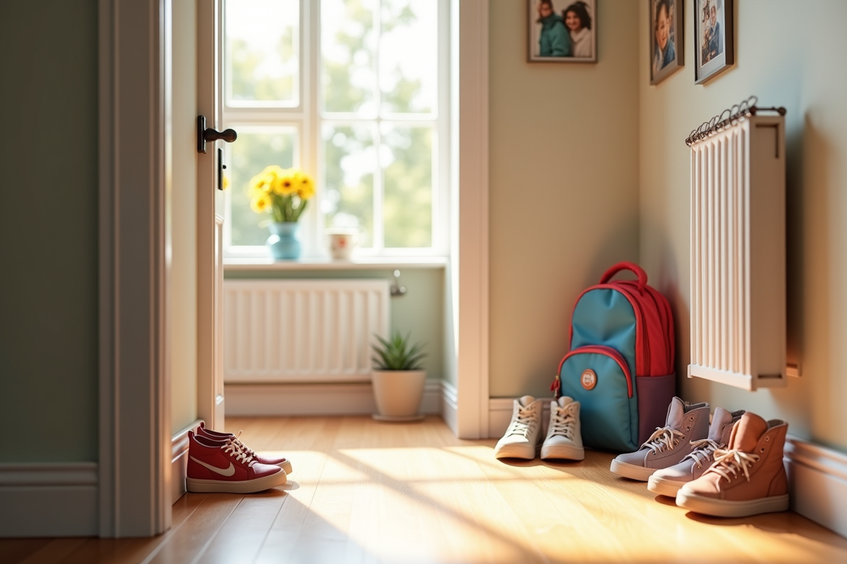 Entrée de maison avec chaussures et sac d
