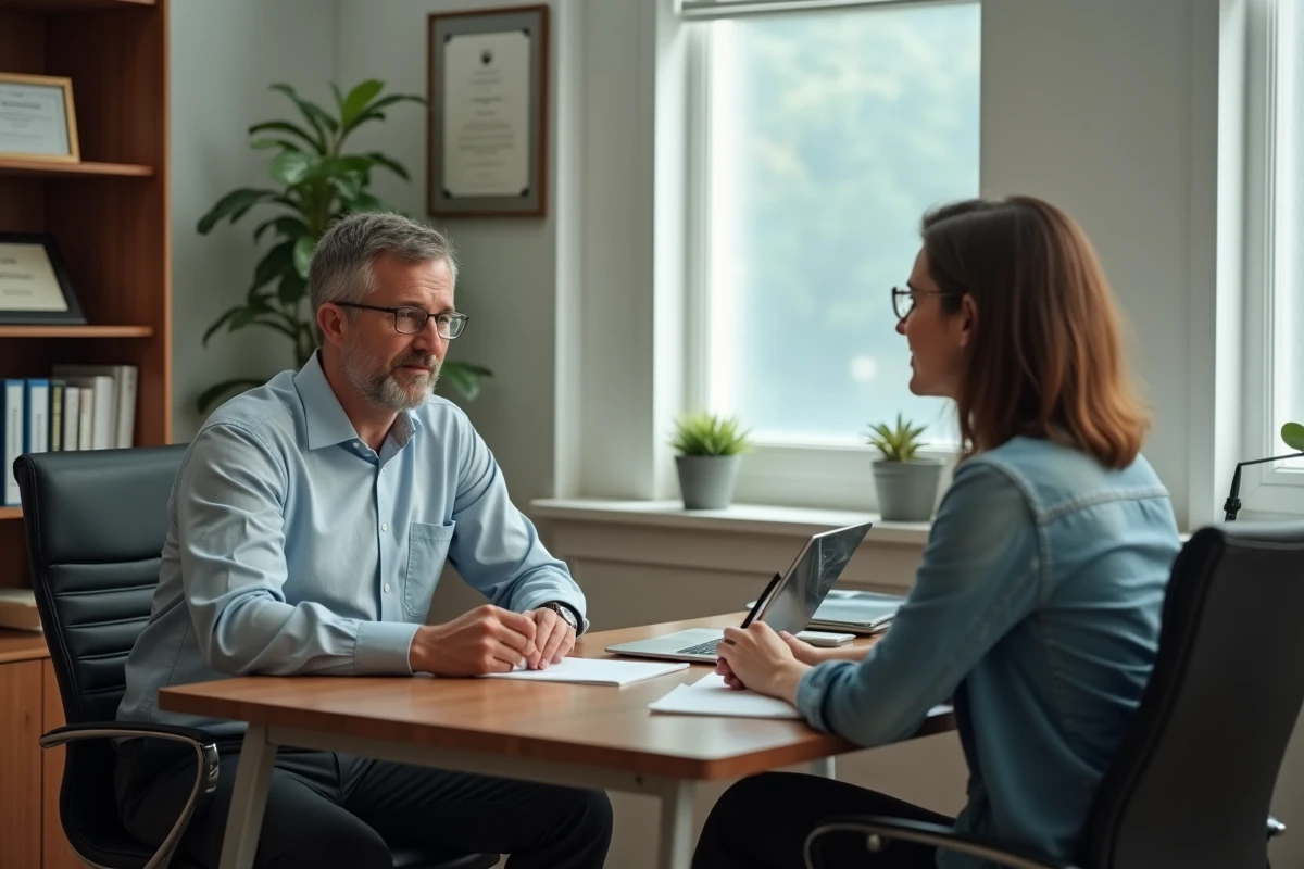 Social worker et homme en discussion dans un bureau