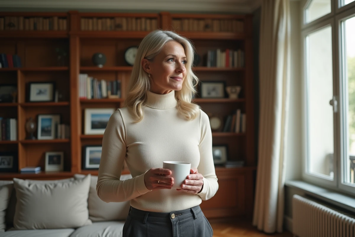 Femme posée dans un appartement parisien raffiné tenant une tasse de café, ambiance intellectuelle évoquant la vie privée d'une personnalité médiatique